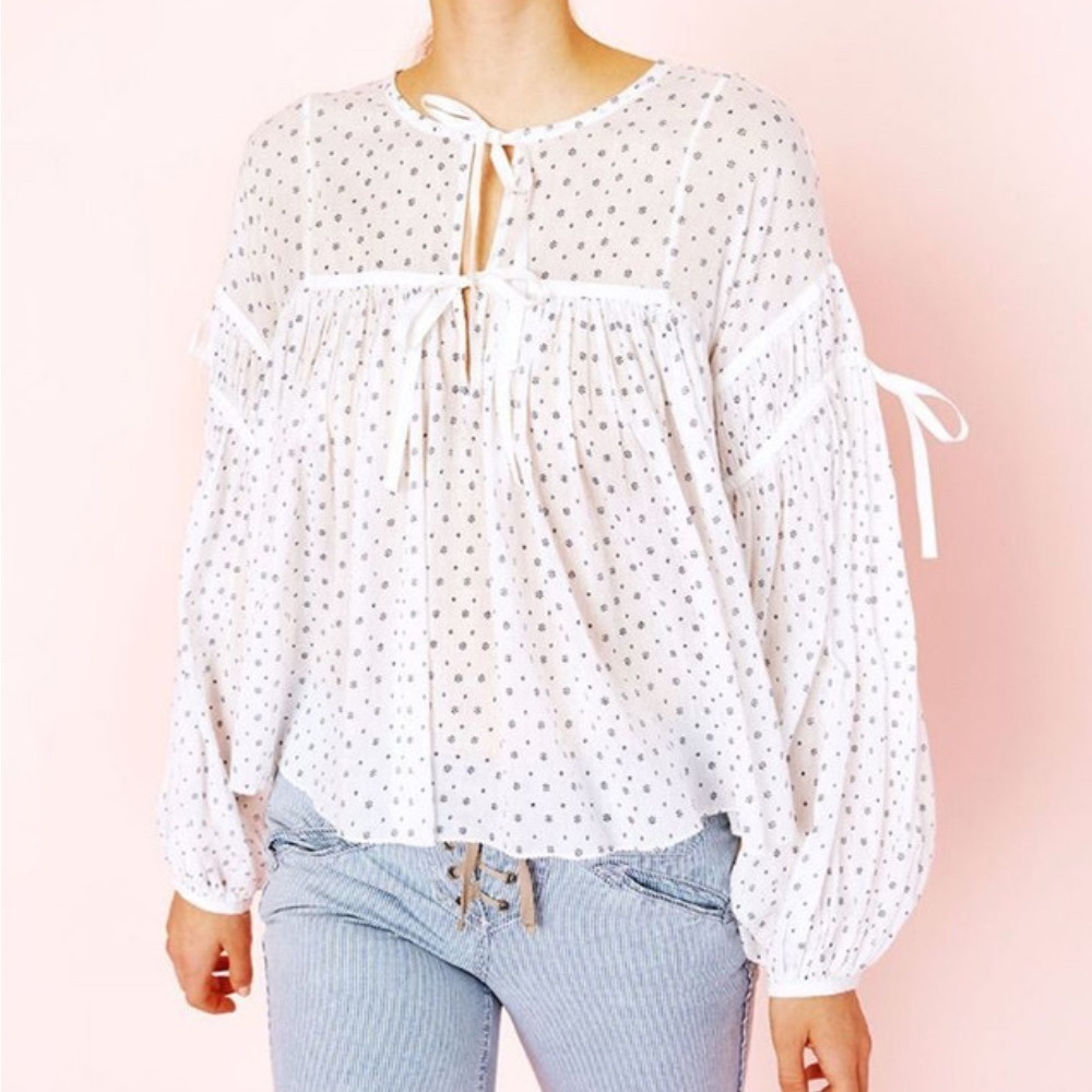 Ulla Johnson Fabienne Peasant Blouse White Blue Foulard Dot Print Quiet Luxury